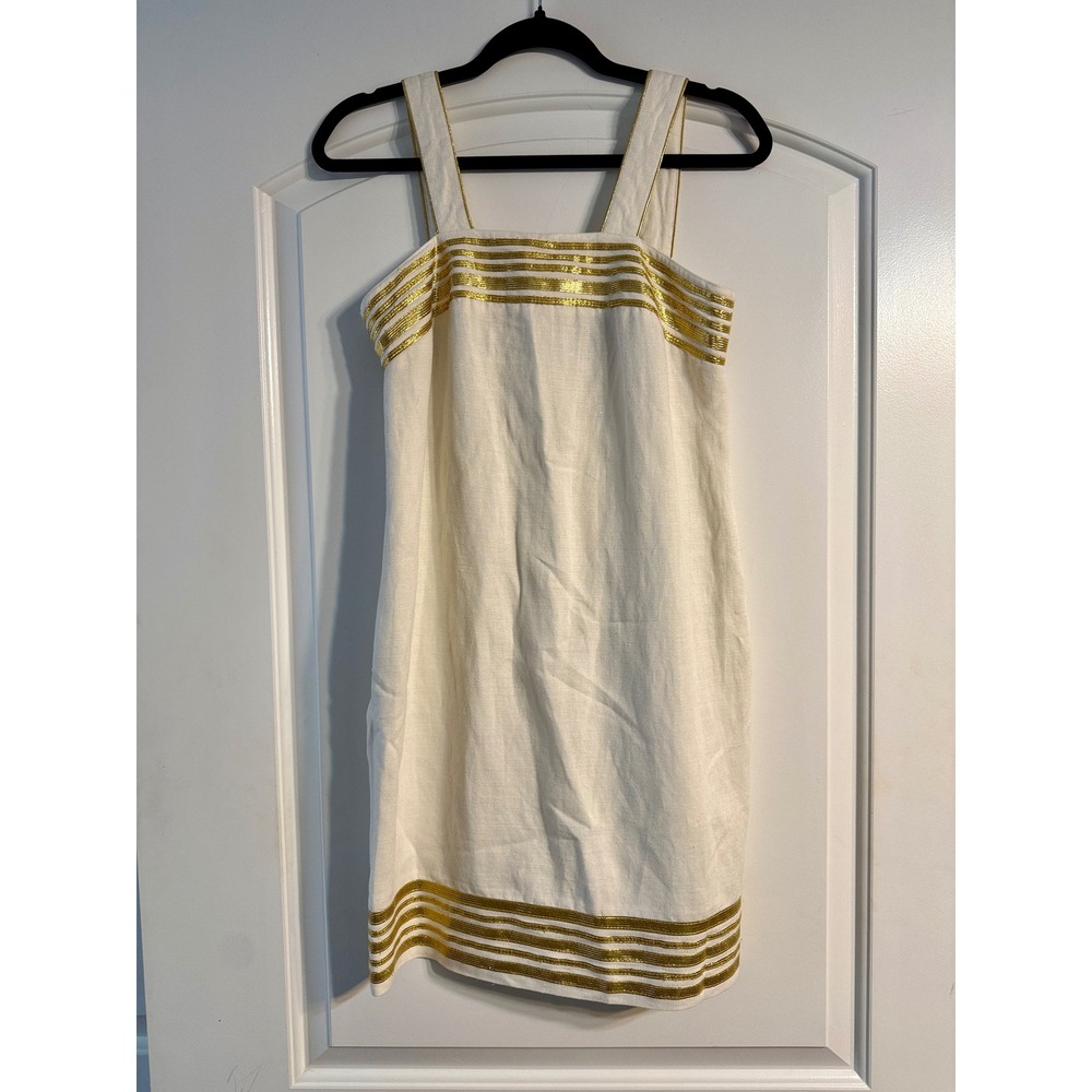 Le Crillon Shift Dress 4 Ivory Gold Vintage Linen Blend Metallic Grecian Luxury